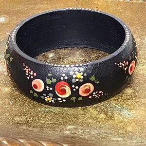Folk Art Wood Bangle Bracelet Tole Painted Dark Floral Detailed Roses Navy Blue
